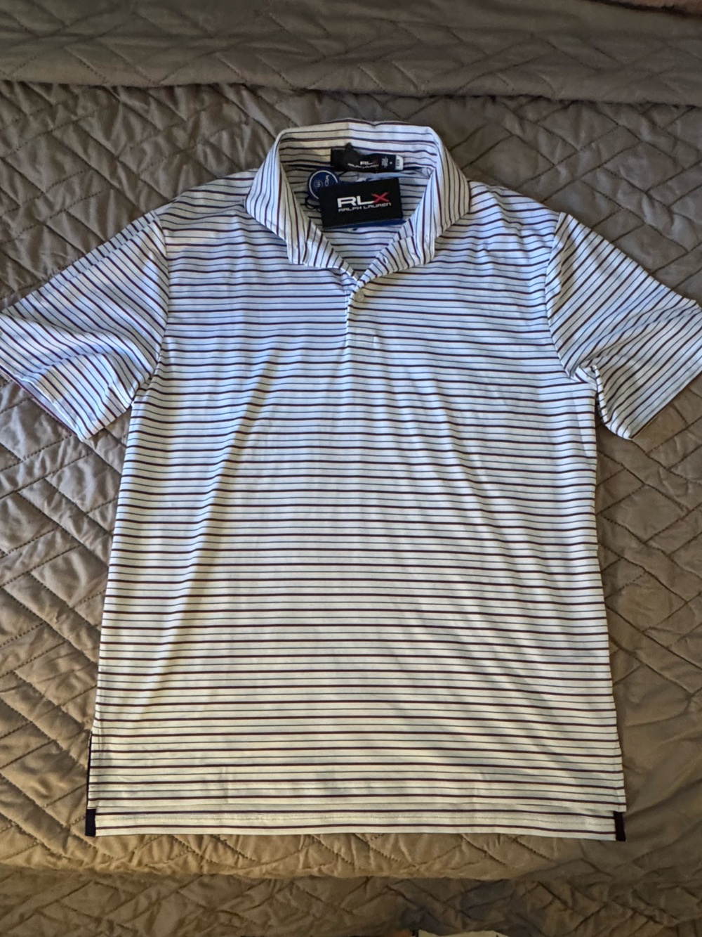 RLX Ralph Lauren Men's M White/Blue/Red Striped Short Sleeve Collared Button-Up